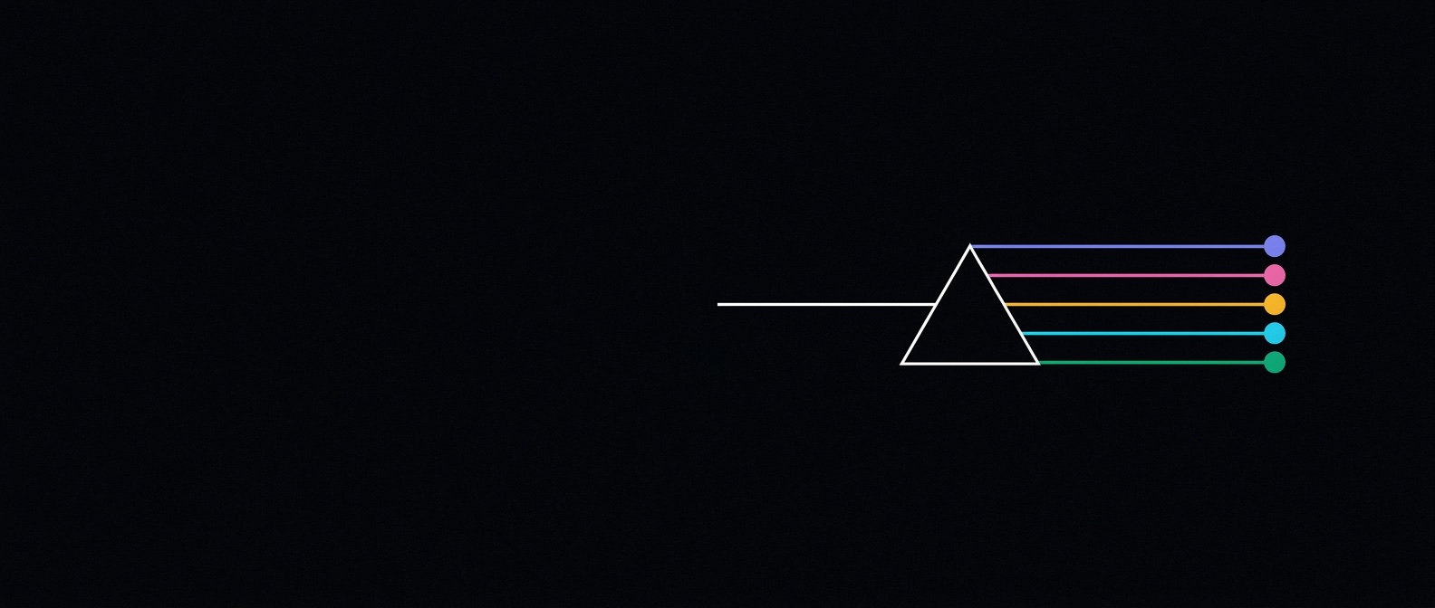 A single white line meeting a thin outlined triangle and leaving it as five straight parallel lines — indigo, rose, amber, cyan and emerald — each ending in a dot of its own colour.
